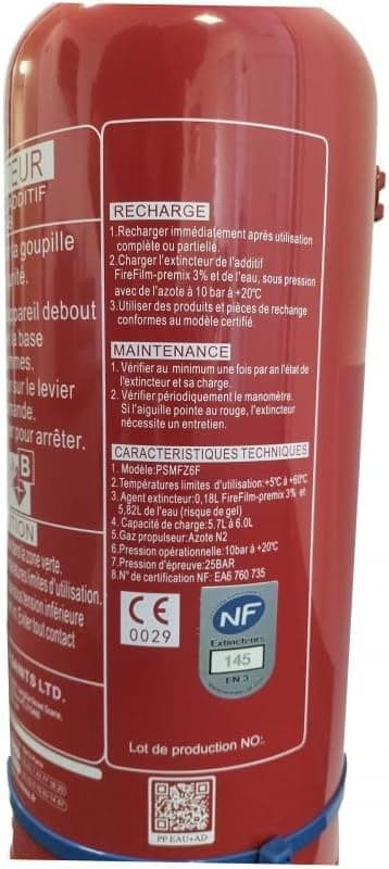 EXTINCTEUR 6 LITRES EAU PULVERISEE + ADDITIF